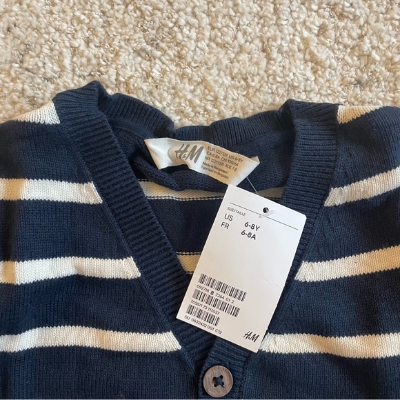 H&M Kids 100% cotton knit stripe cardigan, navy blue and white, size 6-8, NWT - Picture 3 of 5